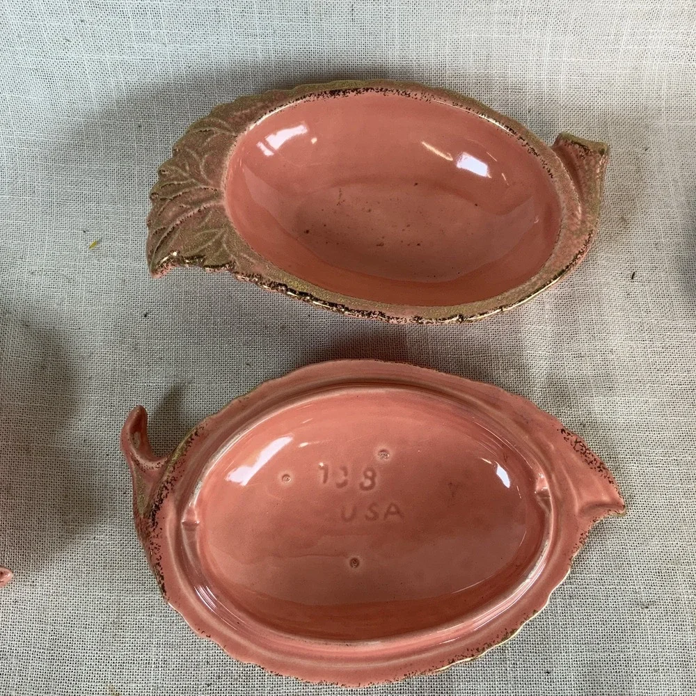 Vtg Set of 4 Pink Coral Leaf Ashtrays Bowl Lid Gold Trim California Pottery #738